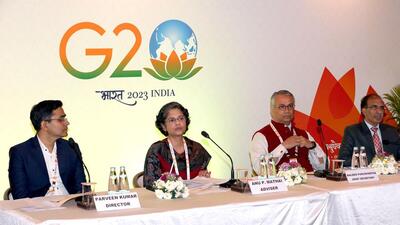Anu P Mathai, Adviser (International Economic Relations), speaks at a Curtain Raiser press conference on the eve of G20 conclave’s first meeting of the International Financial Architecture Working Group, in Chandigarh on Sunday. Baldeo Purushartha, Joint Secretary, Department of Economic Affairs (DEA), Ministry of Finance is also seen. (ANI) Anu P Mathai, Adviser (International Economic Relations), speaks at a Curtain Raiser press conference on the eve of G20 conclave’s first meeting of the International Financial Architecture Working Group, in Chandigarh on Sunday. Baldeo Purushartha, Joint Secretary, Department of Economic Affairs (DEA), Ministry of Finance is also seen. (ANI)