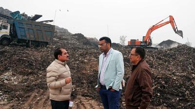 Chandigarh mayor Anup Gupta inspecting the f bio-mining project at Dadumajra landfill. (HT Photo)