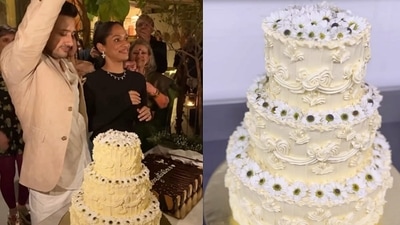 Masaba Gupta and Satyadeep Misra at their wedding bash, where they cut extravagant wedding cake decorated with fresh flowers. Masaba Gupta and Satyadeep Misra at their wedding bash, where they cut extravagant wedding cake decorated with fresh flowers.