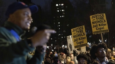 A person speaks during a protest at Washington Square Park, Saturday, New York, in response to the death of Tyre Nichols, who died after being beaten by Memphis police during a traffic stop. (AP) A person speaks during a protest at Washington Square Park, Saturday, New York, in response to the death of Tyre Nichols, who died after being beaten by Memphis police during a traffic stop. (AP)