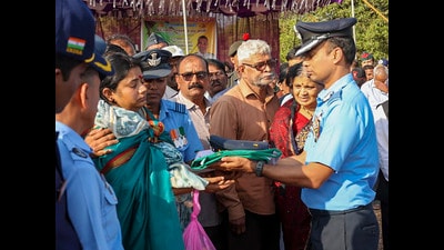 Relatives and Air Force personnel during the last rites of Wing Commander Hanumanth Rao Sarathi at Belagavi, Sunday, a day after he was killed in a plane crash in Madhya Pradesh's Morena on Sunday (PTI) Relatives and Air Force personnel during the last rites of Wing Commander Hanumanth Rao Sarathi at Belagavi, Sunday, a day after he was killed in a plane crash in Madhya Pradesh's Morena on Sunday (PTI)