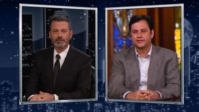 The image, taken from the Twitter video, shows Jimmy Kimmel in conversation with himself from 2003. (Twitter/@jimmykimmel)