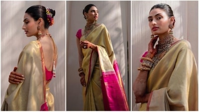 Athiya Shetty's wore a beautiful Kanjivaram silk saree for her muhurtham ceremony and looked absolutely gorgeous. (Instagram/@stylebyami) Athiya Shetty's wore a beautiful Kanjivaram silk saree for her muhurtham ceremony and looked absolutely gorgeous. (Instagram/@stylebyami)