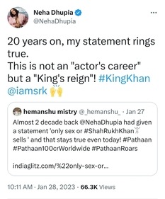 Neha Dhupia tweeted about Shah Rukh Khan after Pathaan.