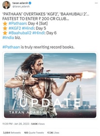 Trade analyst Taran Adrash tweeted about Pathaan's box office collection on Saturday. Trade analyst Taran Adrash tweeted about Pathaan's box office collection on Saturday.