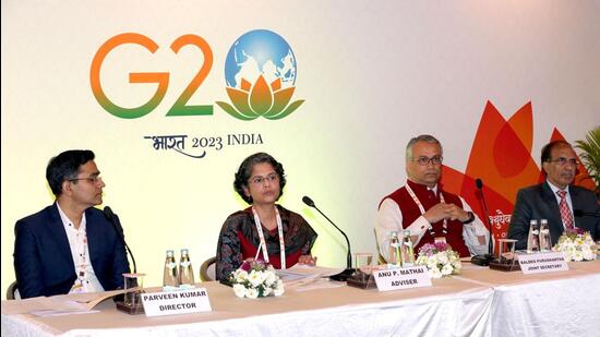 Anu P Mathai, Adviser (International Economic Relations), speaks at a Curtain Raiser press conference on the eve of G20 conclave’s first meeting of the International Financial Architecture Working Group, in Chandigarh on Sunday. Baldeo Purushartha, Joint Secretary, Department of Economic Affairs (DEA), Ministry of Finance is also seen. (ANI) Anu P Mathai, Adviser (International Economic Relations), speaks at a Curtain Raiser press conference on the eve of G20 conclave’s first meeting of the International Financial Architecture Working Group, in Chandigarh on Sunday. Baldeo Purushartha, Joint Secretary, Department of Economic Affairs (DEA), Ministry of Finance is also seen. (ANI)