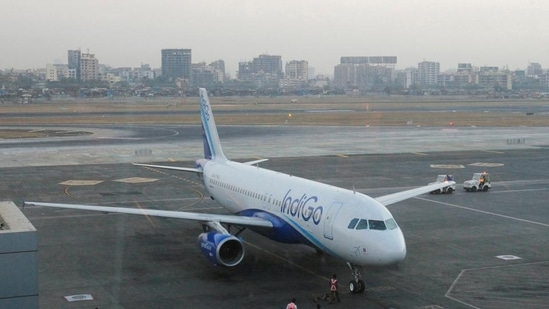 An IndiGo Airlines aircraft arrives at a gate of the domestic airport in Mumbai.(HT_PRINT)