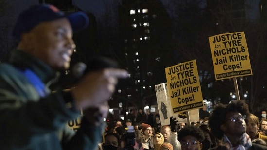 A person speaks during a protest at Washington Square Park, Saturday, New York, in response to the death of Tyre Nichols, who died after being beaten by Memphis police during a traffic stop.(AP)