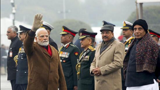 New Delhi: Prime Minister Narendra Modi arrives for the Beating Retreat ceremony, at Vijay Chowk in New Delhi, on Sunday. (PTI)