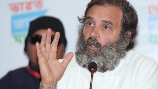 Srinagar: Congress leader Rahul Gandhi addresses a press conference, in Srinagar, Sunday, (PTI)