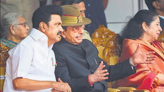 Tamil Nadu governor RN Ravi with chief minister MK Stalin during the Republic Day function in Chennai. (PTI)