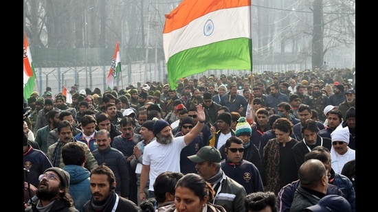 Though the Congress leaders have been claiming that there was nothing political about the yatra, it was evident on ground that local party leadership used every opportunity to convey a message about the Congress and its relevance in J&K politics. (ANI) Though the Congress leaders have been claiming that there was nothing political about the yatra, it was evident on ground that local party leadership used every opportunity to convey a message about the Congress and its relevance in J&K politics. (ANI)