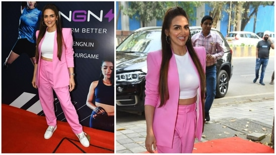 Esha Deol was spotted in a pink pantsuit at a store launch in Mumbai on Sunday. She was recently seen in an Ajay Devgn-led web show, Rudra: The Edge of Darkness. (Varinder Chawla)