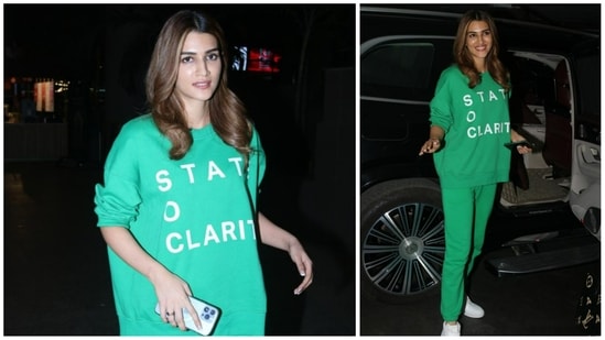 Kriti Sanon was spotted at the Mumbai airport late Saturday. She was in a green sweatshirt and matching pyjamas. She is currently promoting her upcoming film Shehzada with Kartik Aaryan. (Varinder Chawla)