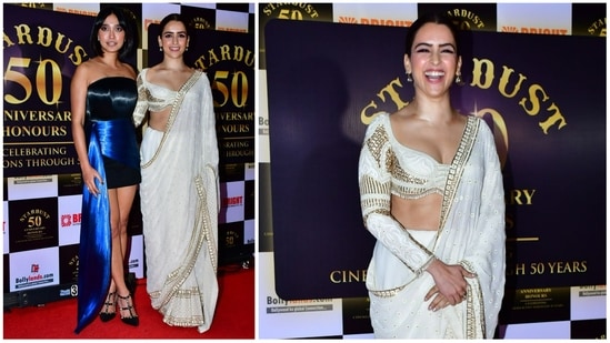 &nbsp;Article 15 actor Sayani Gupta and Dangal actor Sanya Malhotra posed together on the red carpet at a Stardust event in Mumbai on Saturday. While Sayani was in a short dress, Sanya was in a white saree. (Varinder Chawla)