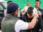 The brother-sister duo was seen indulging in a snowball fight at the party headquarters in Srinagar during the closing ceremony of the Bharat Jodo Yatra. (ANI)