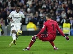 Real Madrid Vinicius Junior takes a shot on goal in front of Real Sociedad.(AP) Real Madrid Vinicius Junior takes a shot on goal in front of Real Sociedad.(AP)