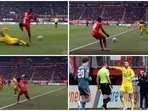 Feyenoord keeper's dirty trick denies potential goal, frustrates rival, who retaliates with angry gesture Feyenoord keeper's dirty trick denies potential goal, frustrates rival, who retaliates with angry gesture