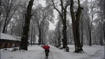 A man walks during fresh snowfall in Srinagar on Monday.The fresh snowfall disrupted both air and rail services. (Waseem Andrabi /HT)