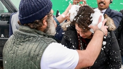 The brother-sister duo was seen indulging in a snowball fight at the party headquarters in Srinagar during the closing ceremony of the Bharat Jodo Yatra. (ANI) The brother-sister duo was seen indulging in a snowball fight at the party headquarters in Srinagar during the closing ceremony of the Bharat Jodo Yatra. (ANI)