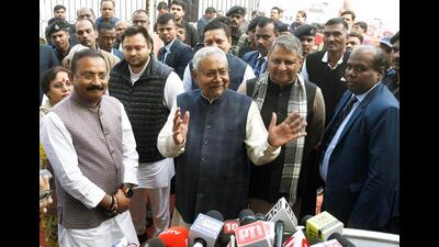 Chief minister Nitish Kumar addresses a press conference in Patna on Monday. (HT Photo)
