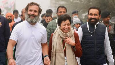 Congress leader Rahul Gandhi with party leaders Shaktisinh Gohil and Selja Kumari during the party's Bharat Jodo Yatra in Kurukshetra district. (PTI)