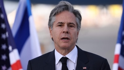US Secretary of State Antony Blinken delivers a statement upon arrival at Israel's Ben Gurion Airport near Tel Aviv, on January 30, 2023. (Photo by RONALDO SCHEMIDT / POOL / AFP) (AFP)