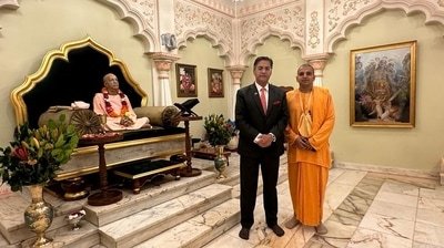 Indian high commissioner to Australia, Manpreet Vohra (left), at ISKCON Temple, Melbourne (twitter.com/VohraManpreet) Indian high commissioner to Australia, Manpreet Vohra (left), at ISKCON Temple, Melbourne (twitter.com/VohraManpreet)
