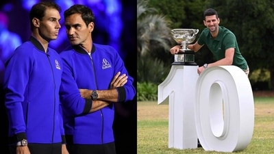 Rafael Nadal with Roger Federer; Novak Djokovic