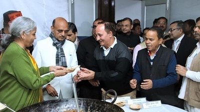 Union finance minister Nirmala Sitharaman at the halwa ceremony ahead of the lock in process of the Budget preparation in New Delhi. (ANI) Union finance minister Nirmala Sitharaman at the halwa ceremony ahead of the lock in process of the Budget preparation in New Delhi. (ANI)