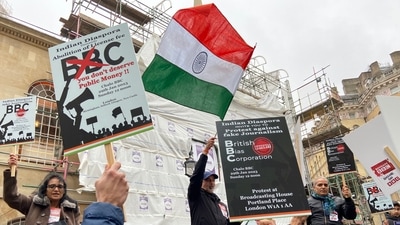 Indian diaspora protests outside BBC headquarter in London against its documentary on Prime Minister Narendra Modi. (PTI) Indian diaspora protests outside BBC headquarter in London against its documentary on Prime Minister Narendra Modi. (PTI)