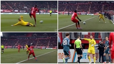 Feyenoord keeper's dirty trick denies potential goal, frustrates rival, who retaliates with angry gesture Feyenoord keeper's dirty trick denies potential goal, frustrates rival, who retaliates with angry gesture