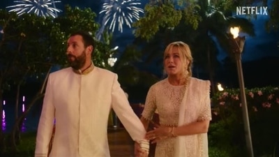 Jennifer Aniston, in a  Manish Malhotra lehenga, with Adam Sandler in Murder Mystery 2 trailer.