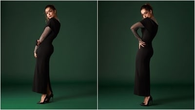 Malaika Arora's stylist Maneka Harisinghani recently shared pictures of the star from a glamorous photoshoot. The post shows Malaika dressed in a sleek black midi dress from the shelves of the label Zeena Zaki. It features full-length sleeves, silver chain-link mesh detail on one side, bodycon fitting, a back slit, and a draped neckline. (Instagram) Malaika Arora's stylist Maneka Harisinghani recently shared pictures of the star from a glamorous photoshoot. The post shows Malaika dressed in a sleek black midi dress from the shelves of the label Zeena Zaki. It features full-length sleeves, silver chain-link mesh detail on one side, bodycon fitting, a back slit, and a draped neckline. (Instagram)