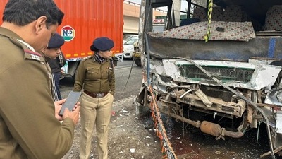 Shweta Chauhan, DCP (central) inspecting the accident site at Salimgarh flyover in Delhi's IP Estate area on Monday. (Sourced)