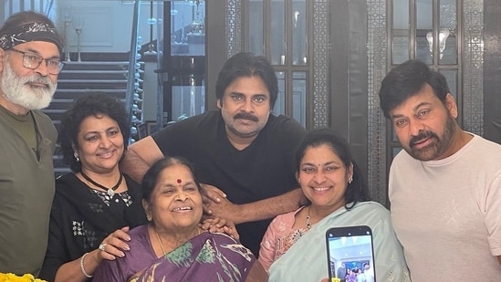 Chiranjeevi shared pictures of his mother's birthday celebration, taken by son Ram Charan, on Sunday. 