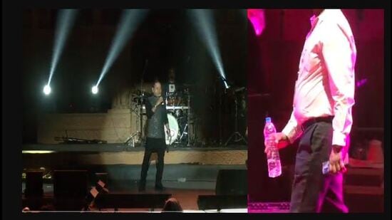 Kailash Kher during the show; (right) a crew member takes the bottle away