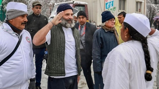 Congress leader Rahul Gandhi salutes after unfurling the national flag, at the party office, in Srinagar on Monday. (Congress Twitter) Congress leader Rahul Gandhi salutes after unfurling the national flag, at the party office, in Srinagar on Monday. (Congress Twitter)