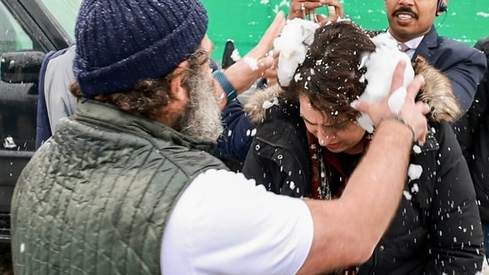 The brother-sister duo was seen indulging in a snowball fight at the party headquarters in Srinagar during the closing ceremony of the Bharat Jodo Yatra.&nbsp;(ANI)