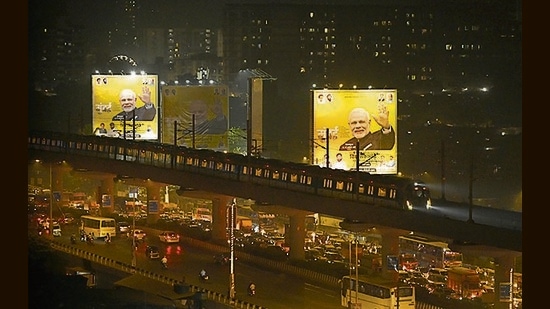 Aerial view of Mumbai Metro 2A and 7 lines in Gundavali, in Andheri, which used to be a vast swathe of farmland. Social media is abuzz with names of stations on these routes that commuters are straining to understand – Mandpeshwar, Kandarpada, Gundavali are but a few (Vijay Bate/HT Photo)