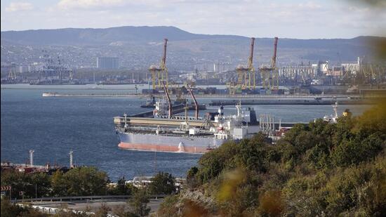 An oil tanker is moored at the Sheskharis complex, part of Chernomortransneft JSC, a subsidiary of Transneft PJSC, in Novorossiysk, Russia. (AP/FILE)