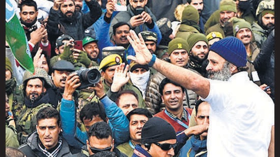 Congress leader Rahul Gandhi during 'Bharat Jodo Yatra in Srinagar, January 29, 2023 (Waseem Andrabi /Hindustan Times)