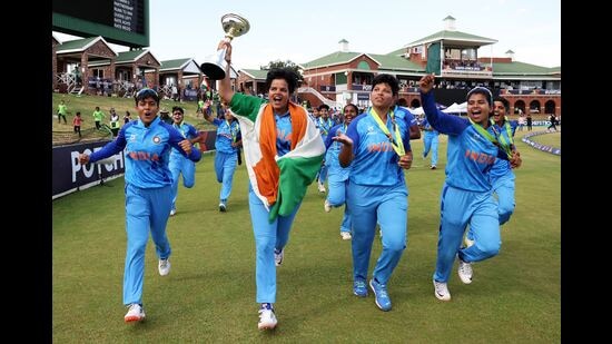 Indian U-19 women's cricket players celebrate with T20 world cup trophy, South Africa, January 29, 2023 (PTI)