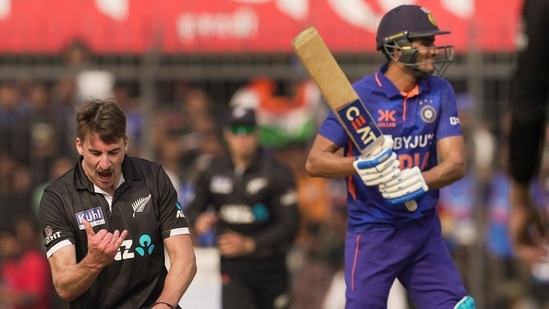 New Zealand's bowler Blair Tickner celebrates the wicket of Indian batter Shubman Gill(PTI)