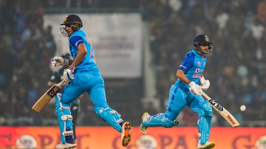 Indian batters Shubman Gill and Ishan Kishan runs between the wickets during the 2nd T20I(PTI)