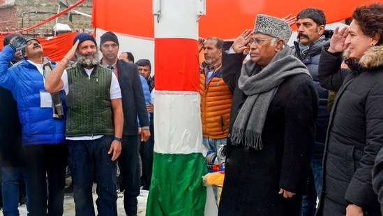 Earlier in the day, Gandhi hoisted the national flag at the 'Bharat Jodo Yatra' campsite in Panthachowk. (PTI)