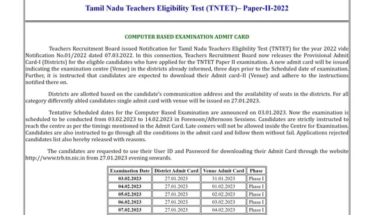 TNTET 2022 paper 2 admit card: Know how to download