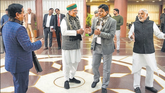 Union ministers Pralhad Joshi and Arjun Ram Meghwal, and TRS leaders Nama Nageshwar Rao and K Keshava Rao before the all-party meeting in New Delhi on Monday. (PTI)