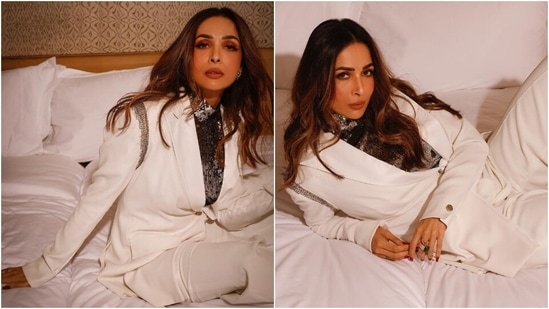Malaika styled the ensemble with sleek statement rings, high heels and embellished earrings. Lastly, she chose centre-parted open wavy tresses, shimmery pink eye shadow, nude lip shade, winged eyeliner, feathered brows, mascara on the lashes, and dewy blushed skin.&nbsp;(Instagram)