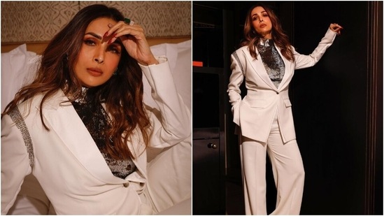 Earlier, Malaika had posted pictures from a new photoshoot for which she donned a white suit styled with a silver sequinned turtleneck top. While the blazer features notch lapel collars, front button closure, patch pockets, full sleeves, silver embellishments, tailored fitting and padded shoulders, the high-waisted pants have a flared silhouette. (Instagram)